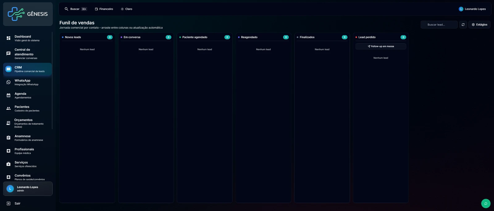 CRM odontológico do Gênesis com etapas de novos leads, conversas, agendamentos, reagendamentos e leads perdidos