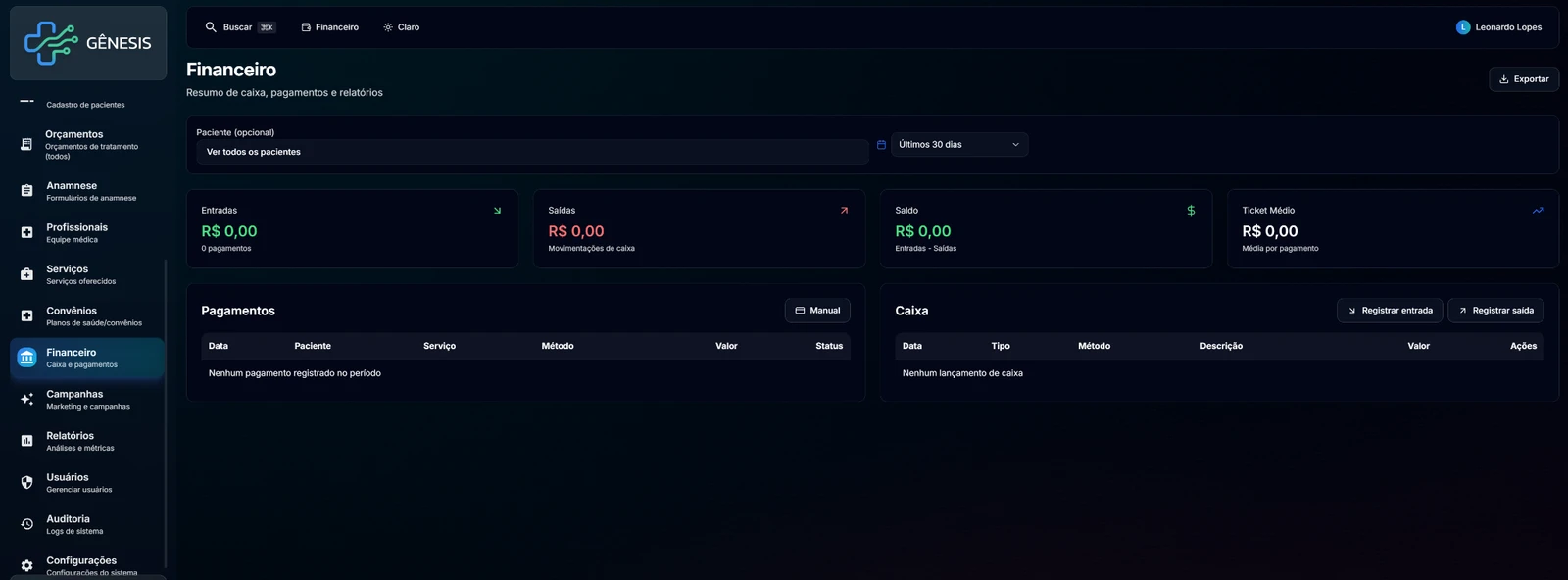 Painel financeiro do Gênesis com entradas, saídas, saldo, ticket médio, pagamentos e lançamentos de caixa