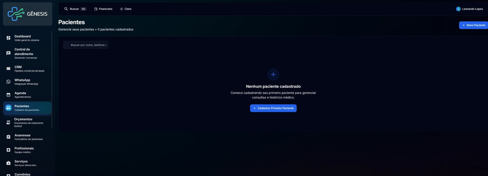 Tela de pacientes do Gênesis
