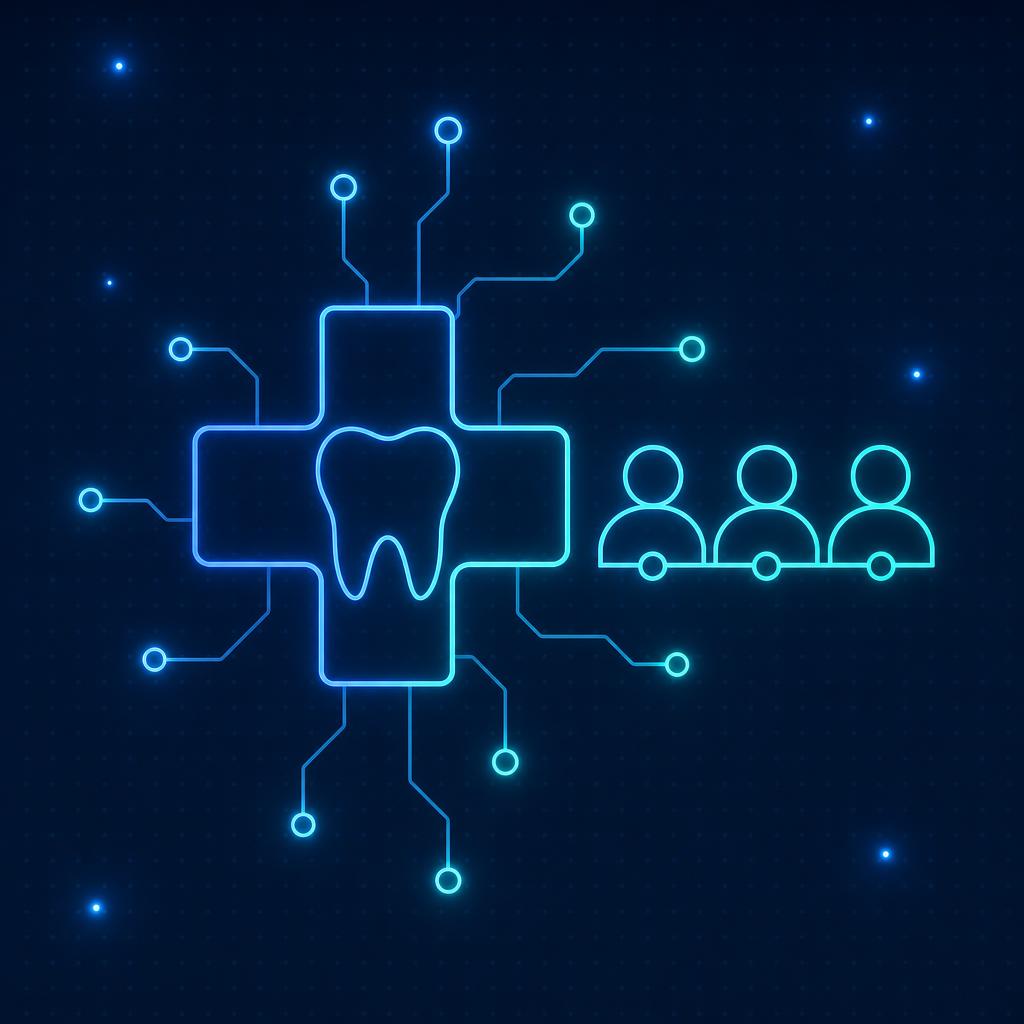 ilustração de três silhuetas de pessoas conectadas a um dente, representando a gestão de equipe em clínicas odontológicas