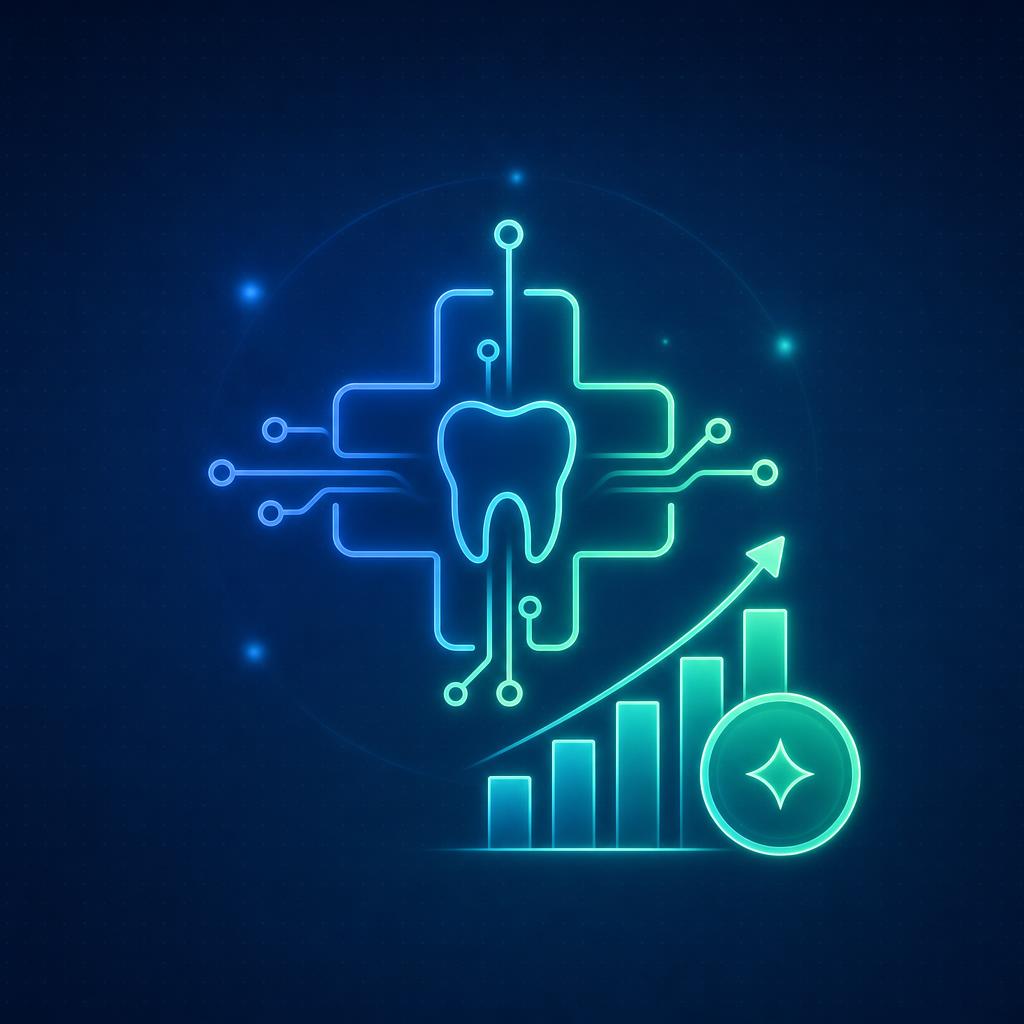 ilustração de gestão financeira odontológica com indicadores de caixa e crescimento