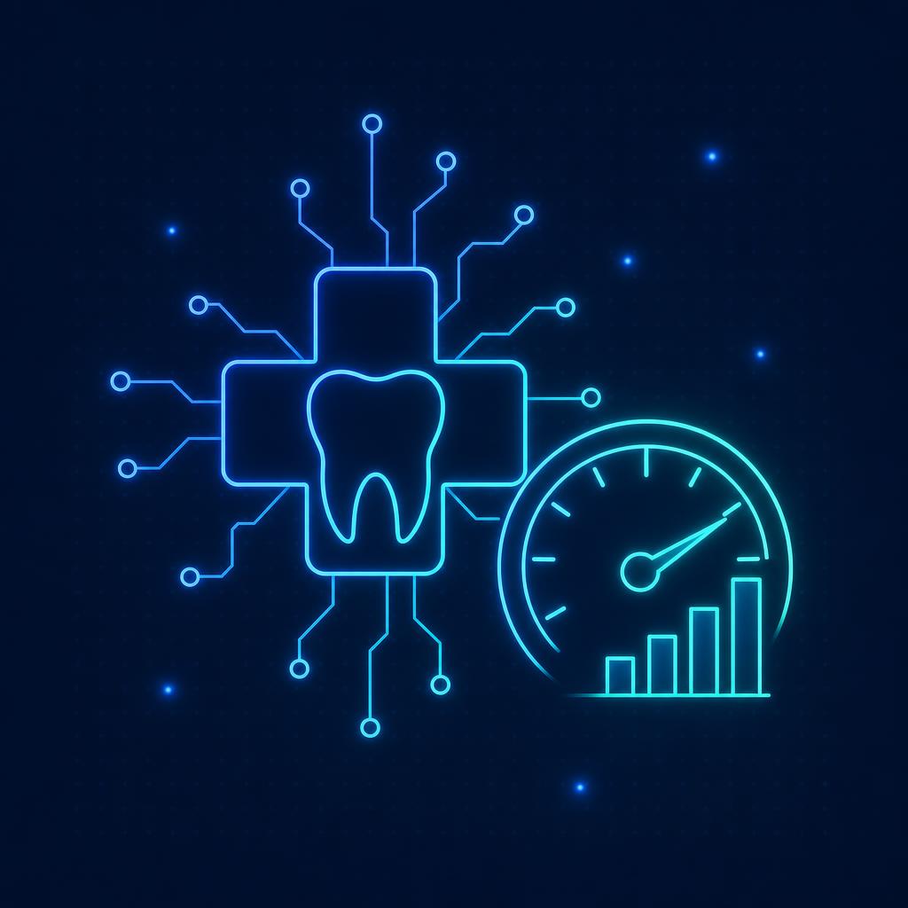 ilustração de um velocímetro com gráfico de barras ao lado de um dente, representando indicadores para clínica odontológica