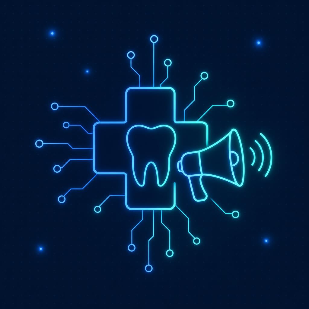 ilustração de um megafone ao lado de um dente, representando marketing odontológico